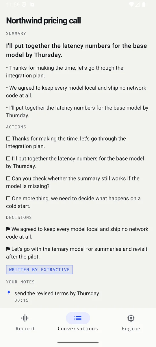 A finished conversation on Android showing the summary, actions and decisions