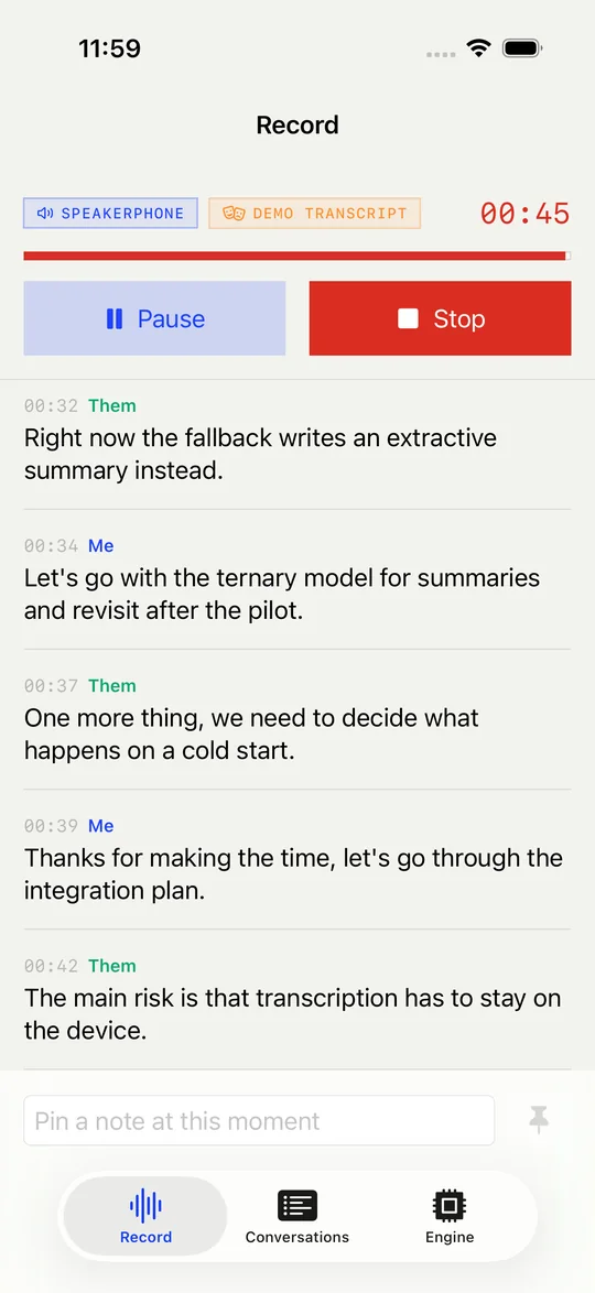 Brink Debrief recording a conversation on iPhone, showing a timestamped transcript with each side labelled